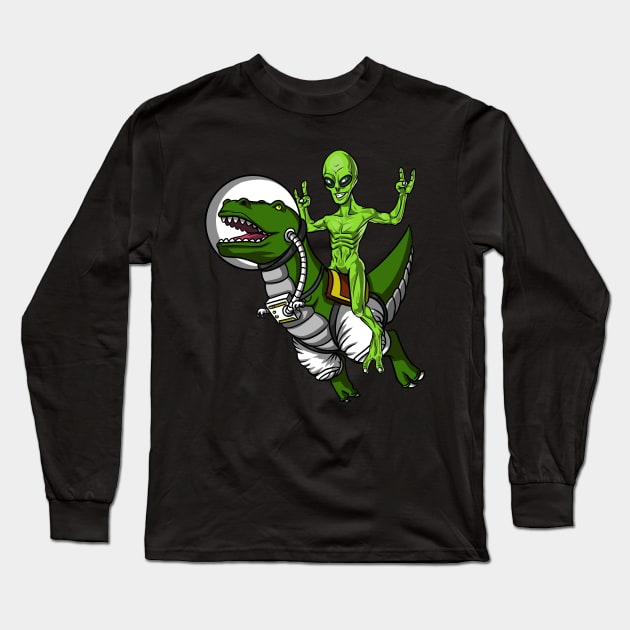 Space Alien Riding T-Rex Dinosaur Astronaut Long Sleeve T-Shirt by underheaven